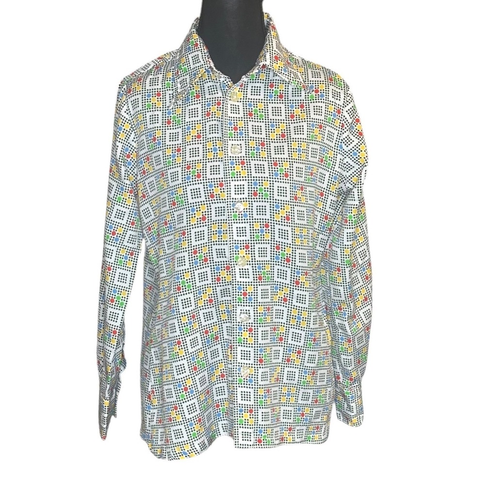 Vintage Givenchy Paris Geometric Polka Dot Button Up Shirt 70s Multi Color